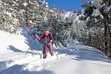 Raquettes dans la neige profonde sur la route des Combes - © S.Morattel