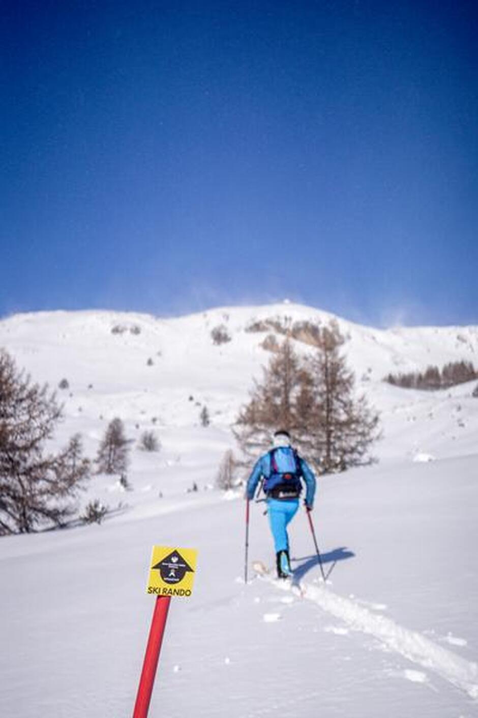 Skieur à la montée en direction des crêtes avec le balisage - © OT Serre Chevalier Briançon